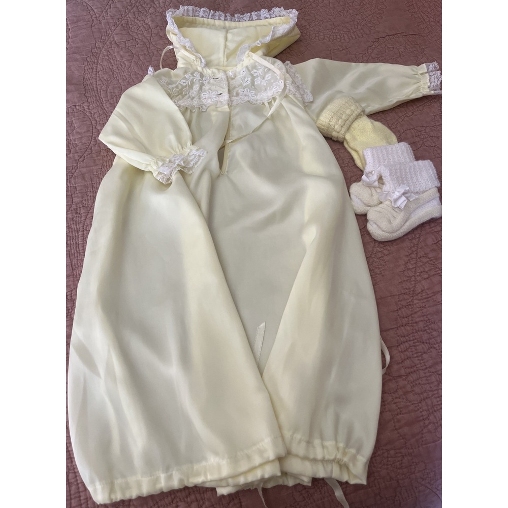 Vtg 1976 BABY DIOR Pastel Yellow Christening Baptism Gown Made In USA 0-3 Months